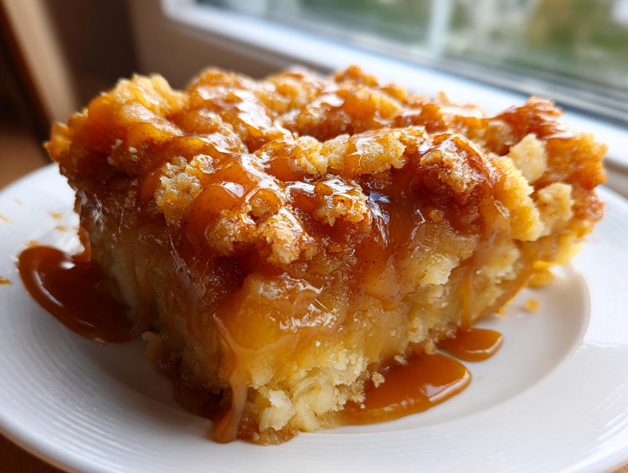 A close-up of a moist slice of caramel apple dump cake drizzled heavily with gooey caramel sauce.