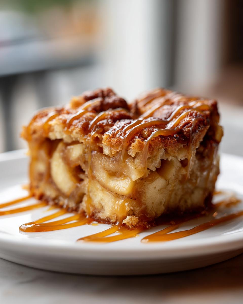 A close-up of a serving of caramel apple dump cake, featuring tender apples and a crunchy topping drizzled with caramel sauce.