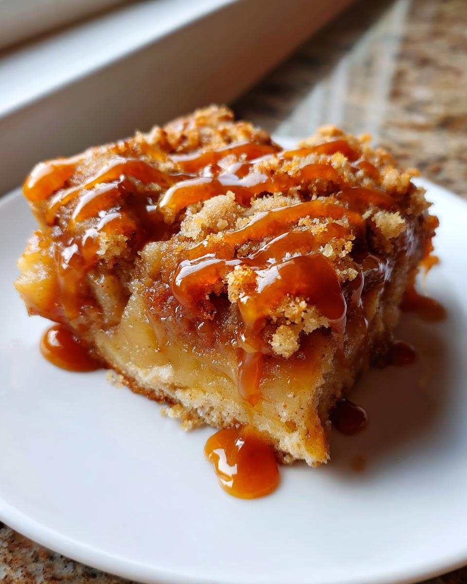 Close-up of a square slice of caramel apple dump cake topped with a generous caramel sauce drizzle.