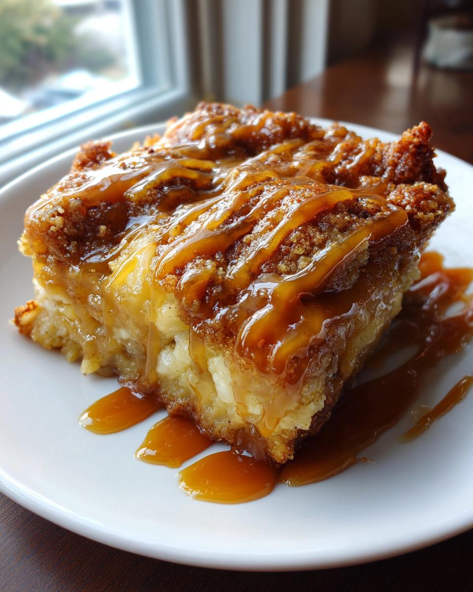 A close-up of a moist slice of caramel apple dump cake topped with a rich caramel sauce drizzle.