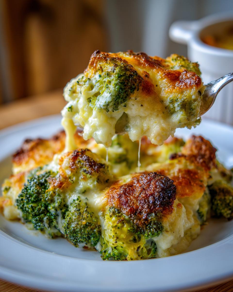 A spoonful of creamy, cheesy broccoli casserole with a golden-brown crust being lifted from the dish.