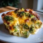 Close-up of a cheesy, baked slice of broccoli casserole with melted cheddar and visible broccoli florets.