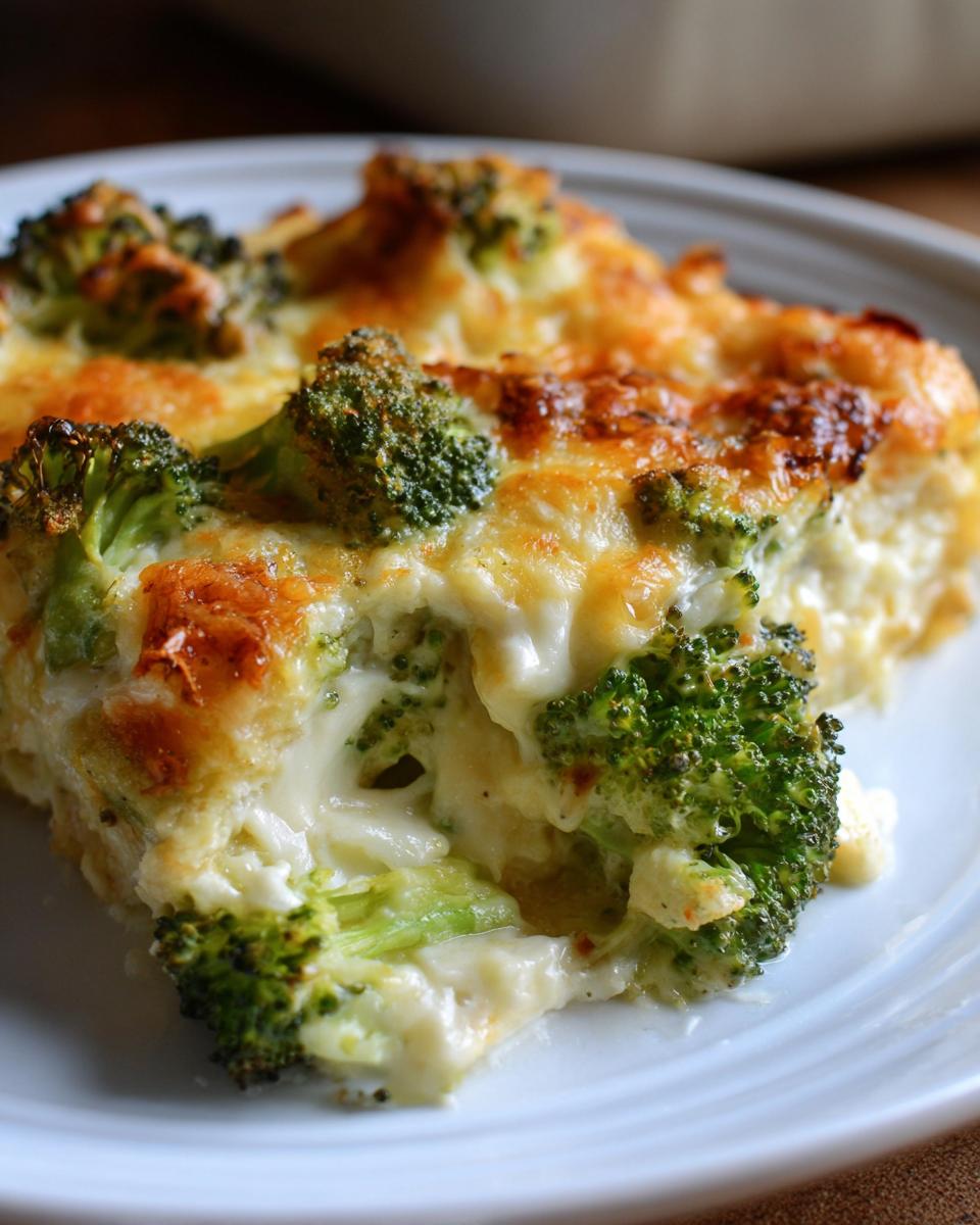 Close-up of a creamy, cheesy slice of broccoli casserole with a golden-brown baked top.