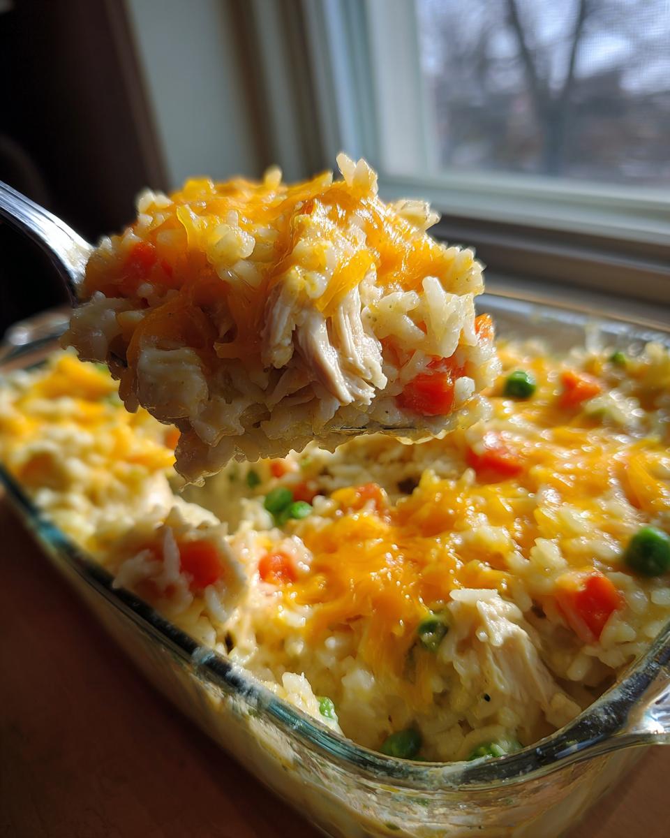 A spoonful of creamy chicken and rice casserole topped with melted cheddar cheese is lifted from the baking dish.