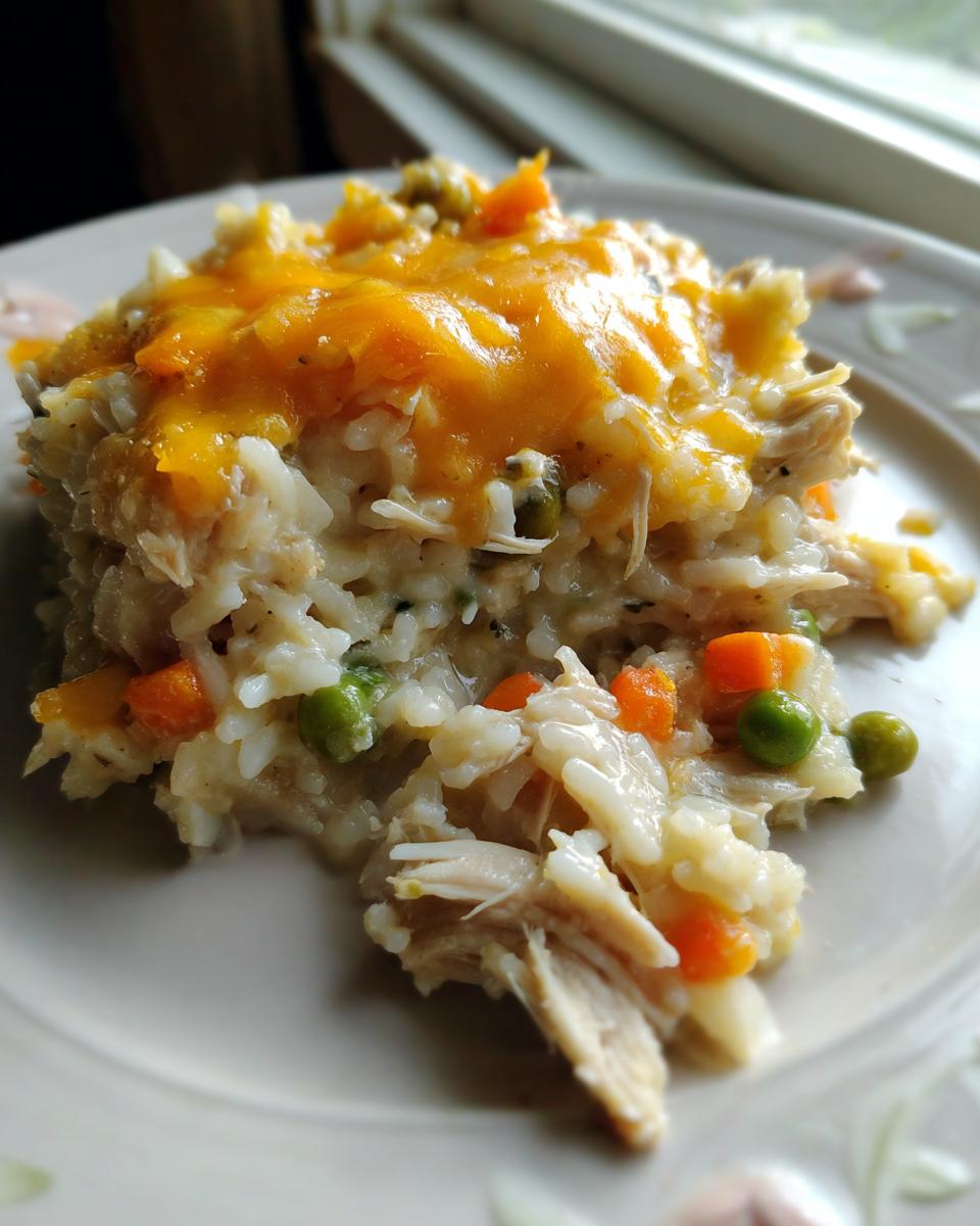 A close-up serving of creamy chicken and rice casserole topped with melted cheddar cheese.