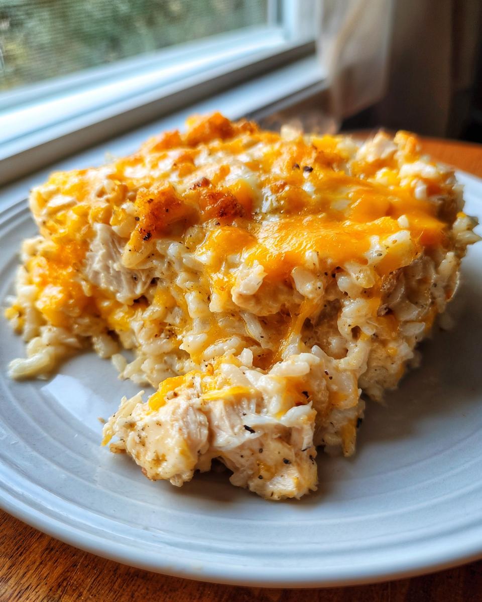 A scoop of creamy, baked cheesy chicken and rice topped with melted cheddar cheese on a light blue plate.