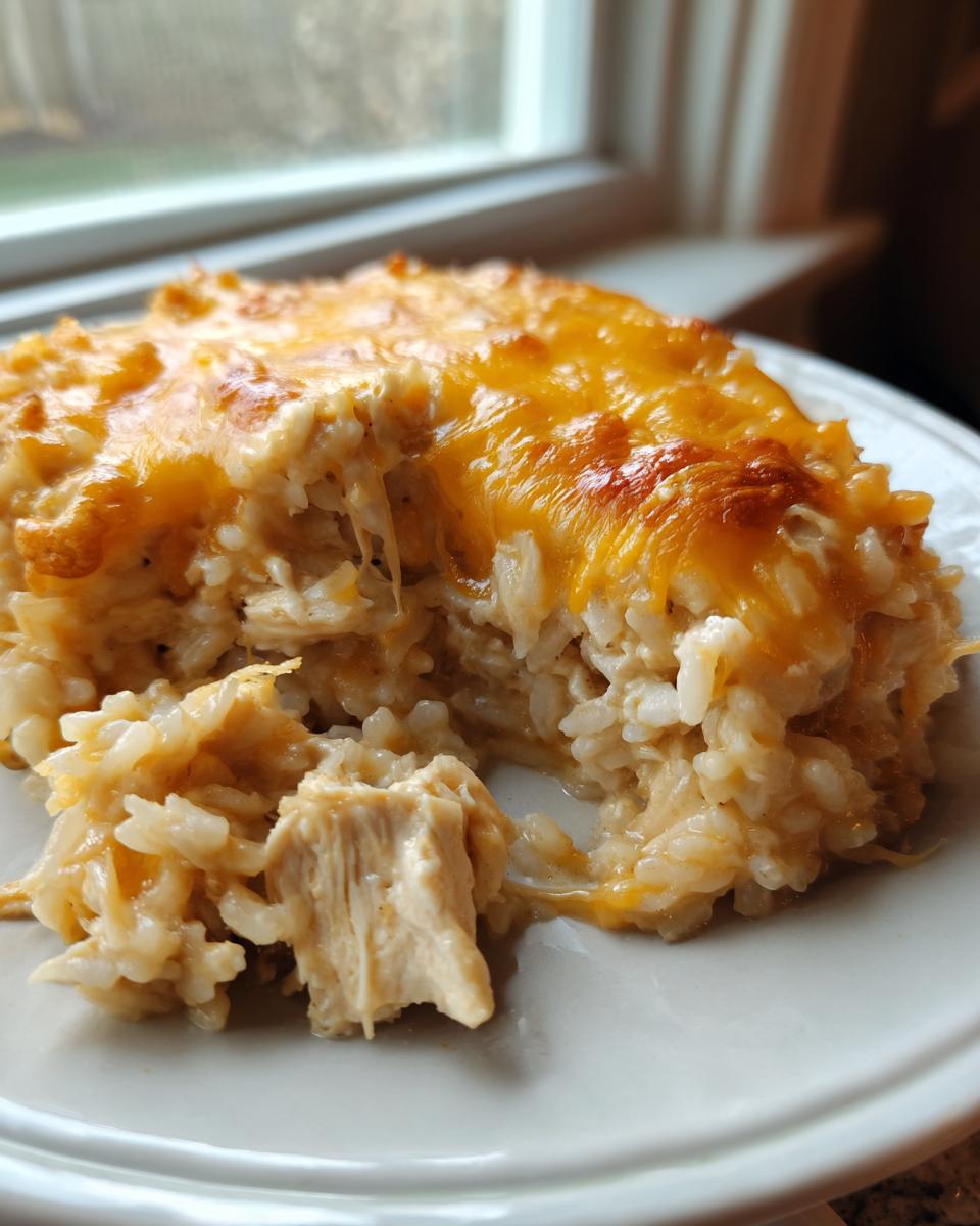 A close-up serving of creamy, cheesy chicken and rice casserole topped with melted cheddar cheese.