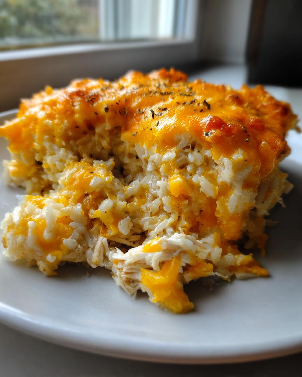 A close-up serving of cheesy chicken and rice casserole topped with melted cheddar cheese.