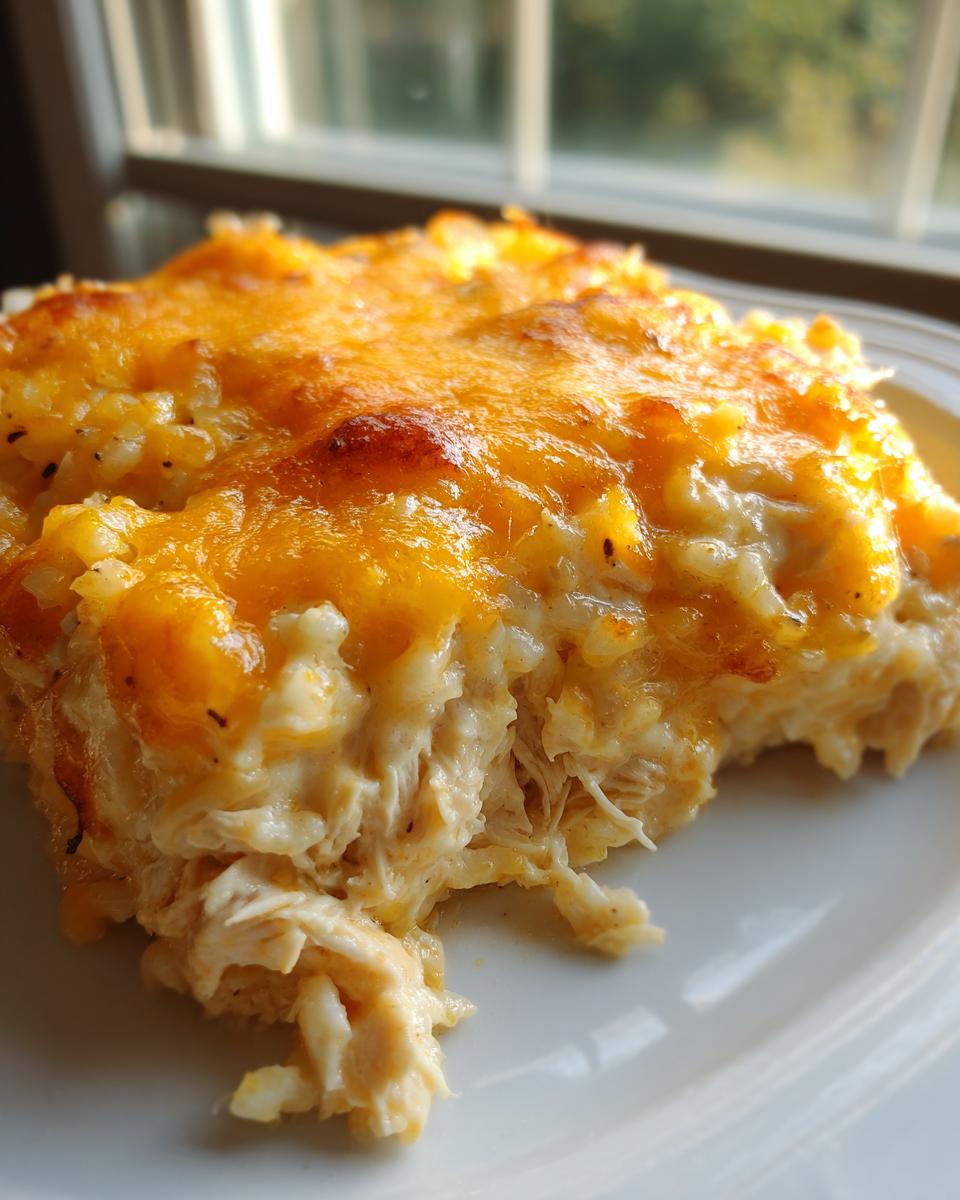 Close-up of a serving of cheesy chicken and rice casserole with melted, bubbly orange cheese on top.