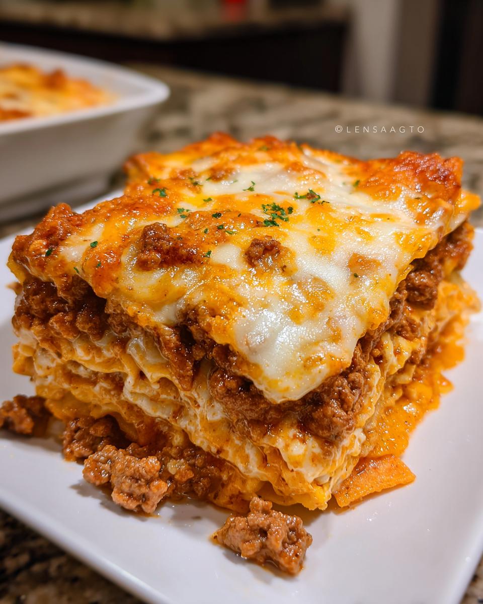 A close-up of a thick, cheesy slice of Dorito Casserole layered with meat sauce on a white plate.