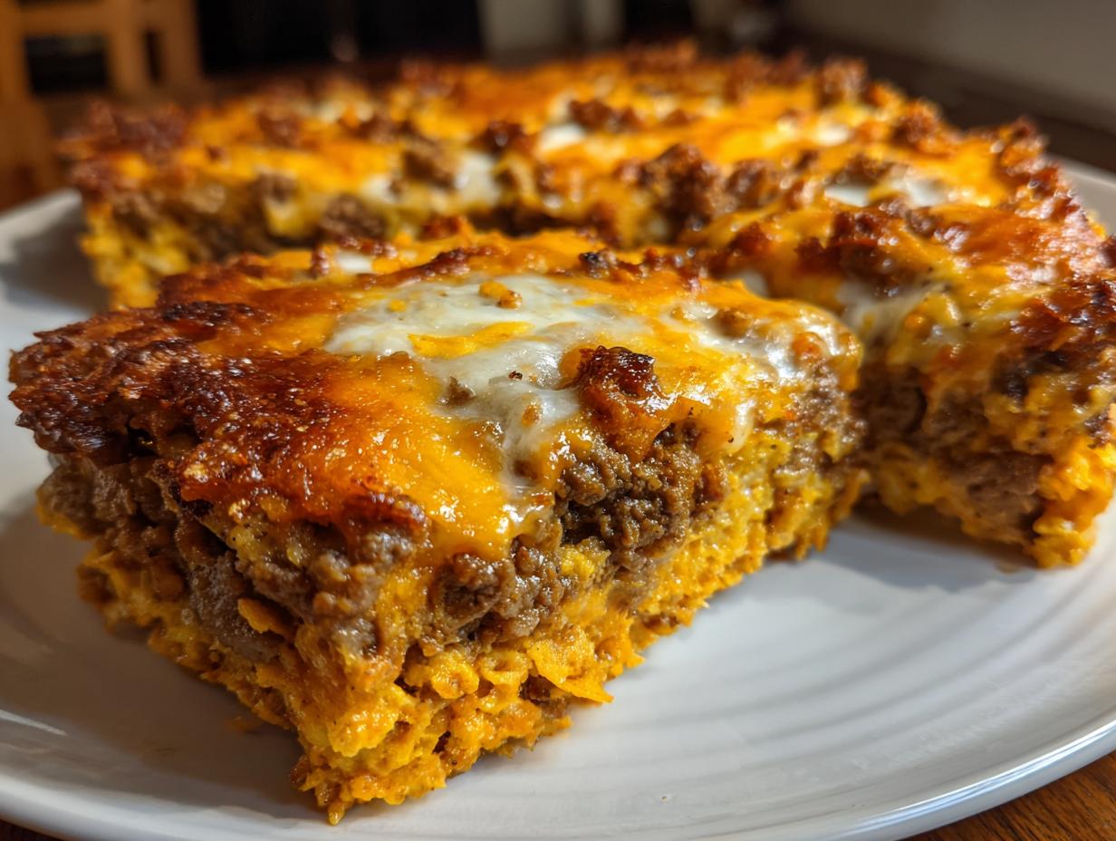 A close-up, appetizing slice of Dorito Casserole showing layers of seasoned meat and melted orange and white cheese.