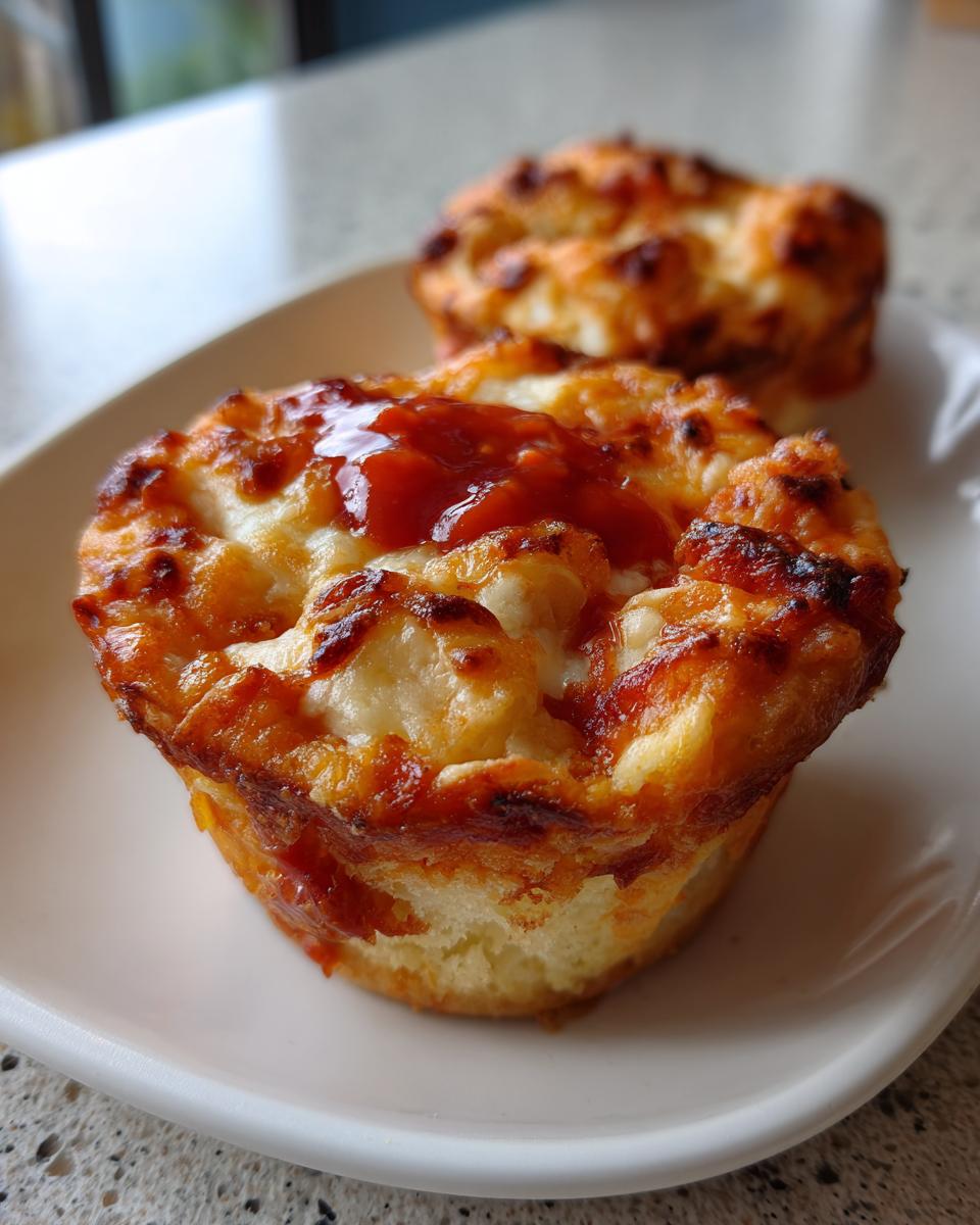 A close-up of a freshly baked pizza muffin topped with melted cheese and a dollop of sauce.
