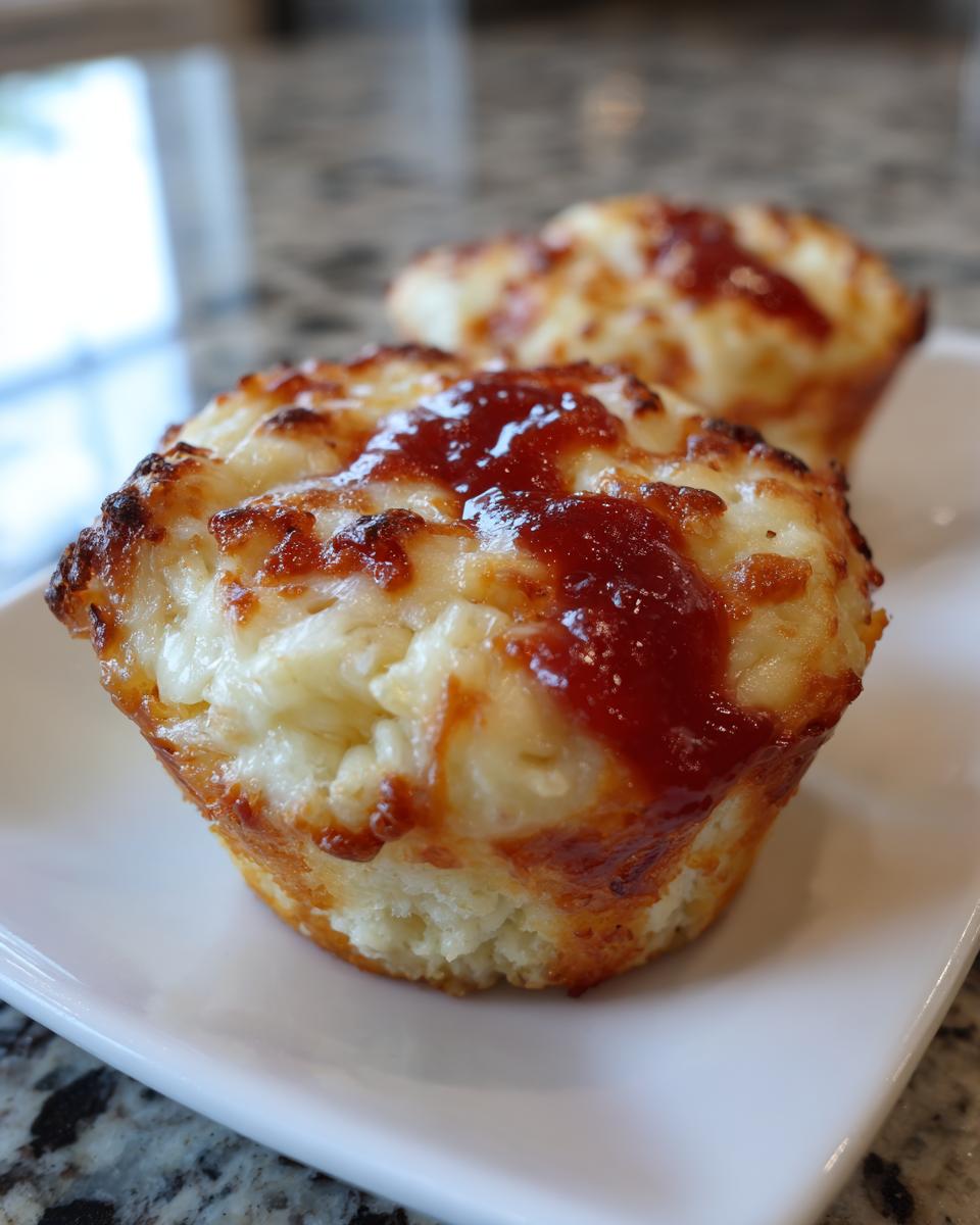 A close-up of two golden-brown pizza muffins topped with melted cheese and a dollop of red sauce.