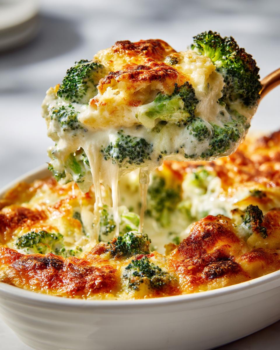 A spoonful of creamy, cheesy broccoli casserole being lifted from the baking dish, showing melted cheese strings.
