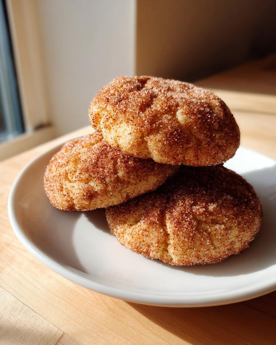 Three soft, chewy Snickerdoodle cookies generously coated in cinnamon sugar, stacked on a white plate.