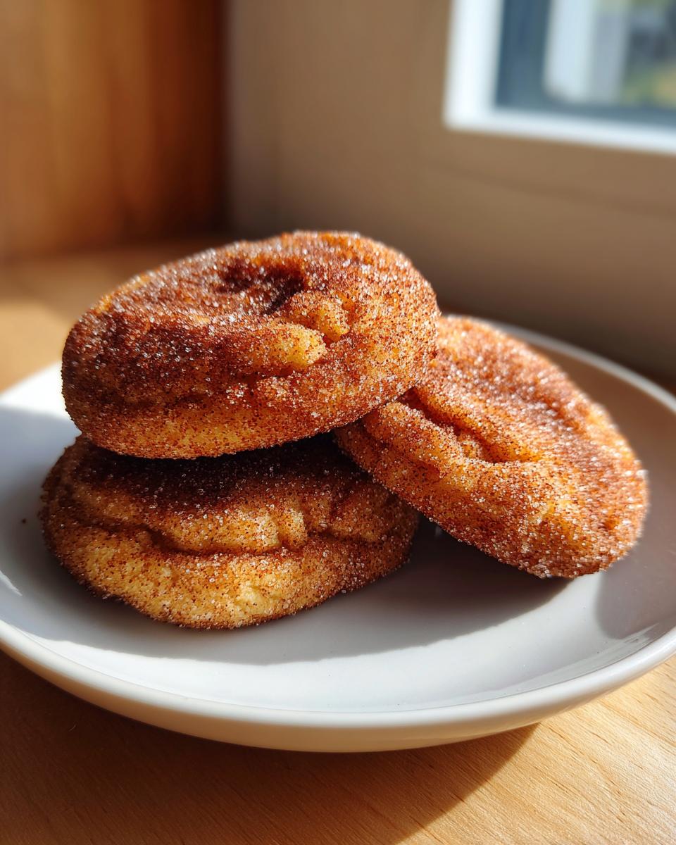 Three thick, chewy Snickerdoodle cookies heavily coated in cinnamon sugar, stacked on a white plate.