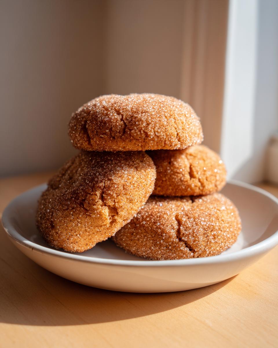 Four chewy Snickerdoodle cookies, generously coated in cinnamon sugar, stacked on a small white plate.