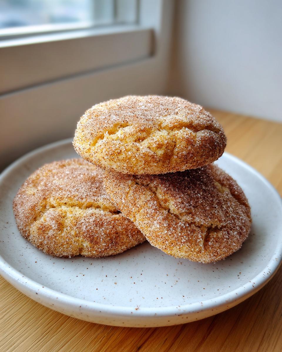 Three perfectly chewy Snickerdoodle cookies generously coated in cinnamon sugar, stacked on a speckled white plate.