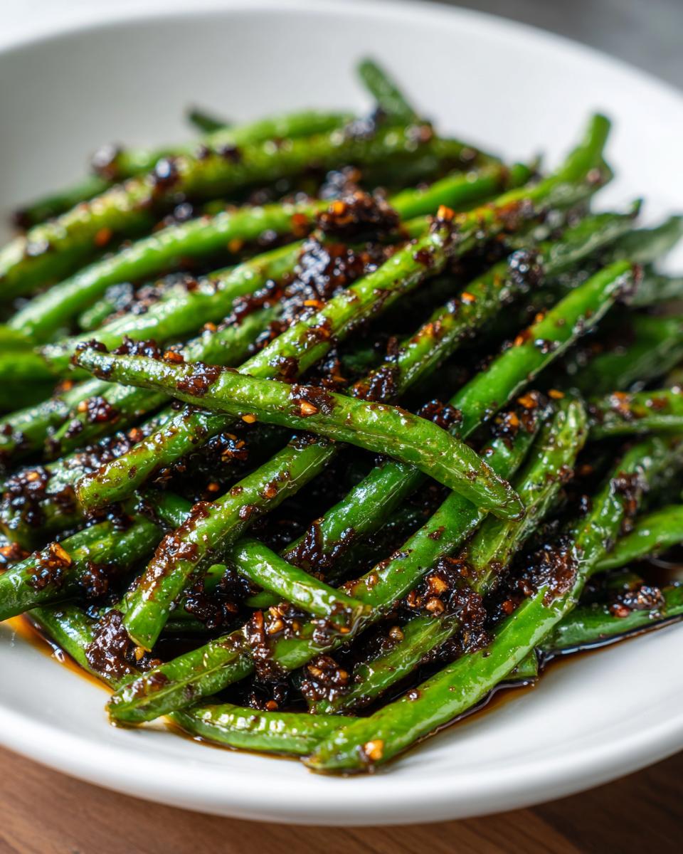 Vibrant green beans coated in a rich, dark chinese green beans with garlic sauce, served on a white plate.