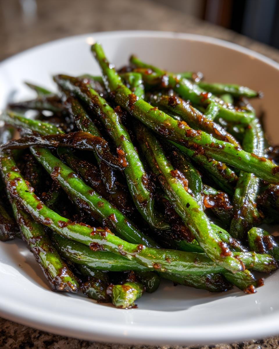 Close-up of bright green, blistered green beans coated in a dark, savory garlic sauce.