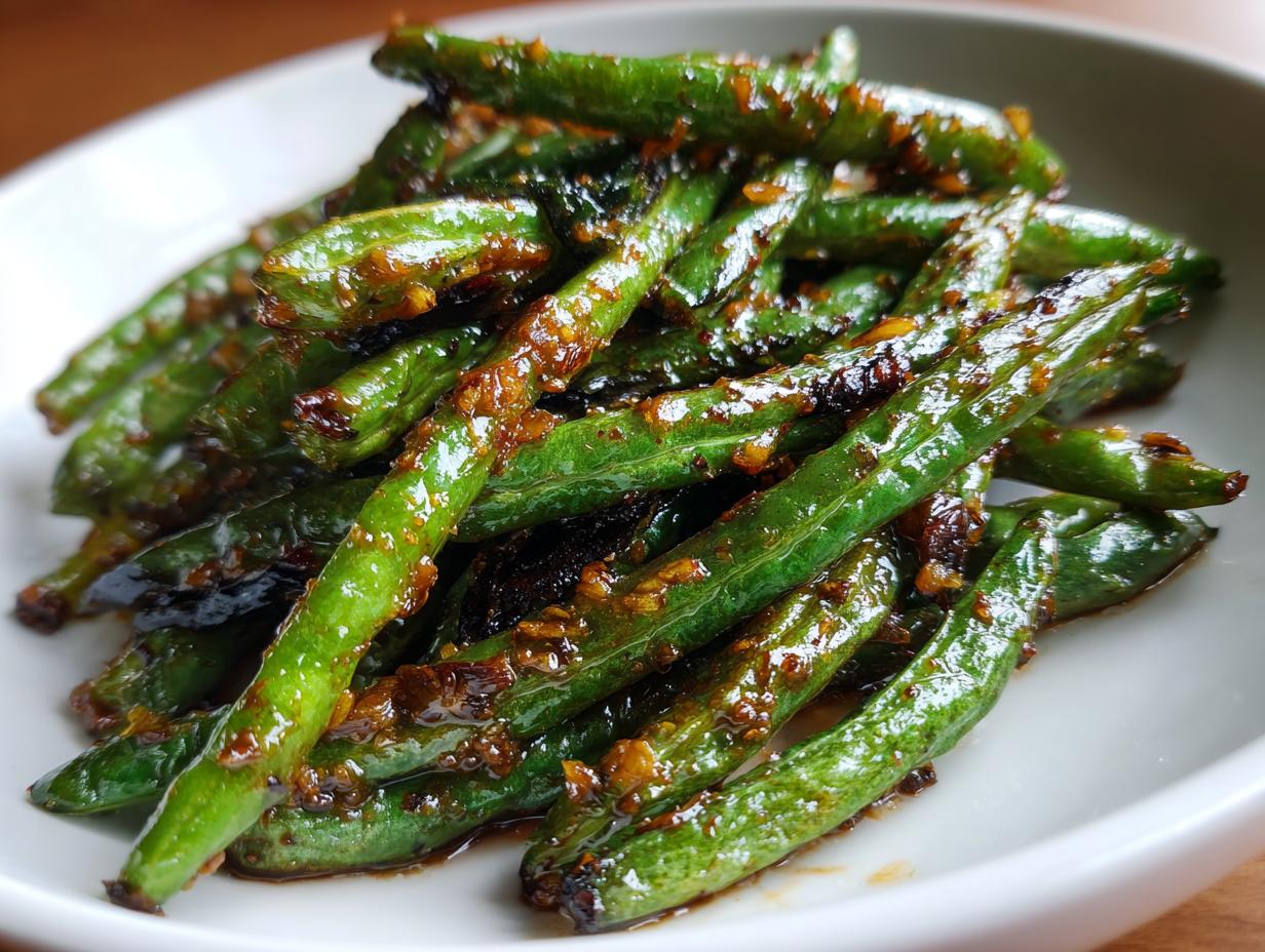 A close-up of vibrant green beans coated in a savory garlic sauce, ready to serve.