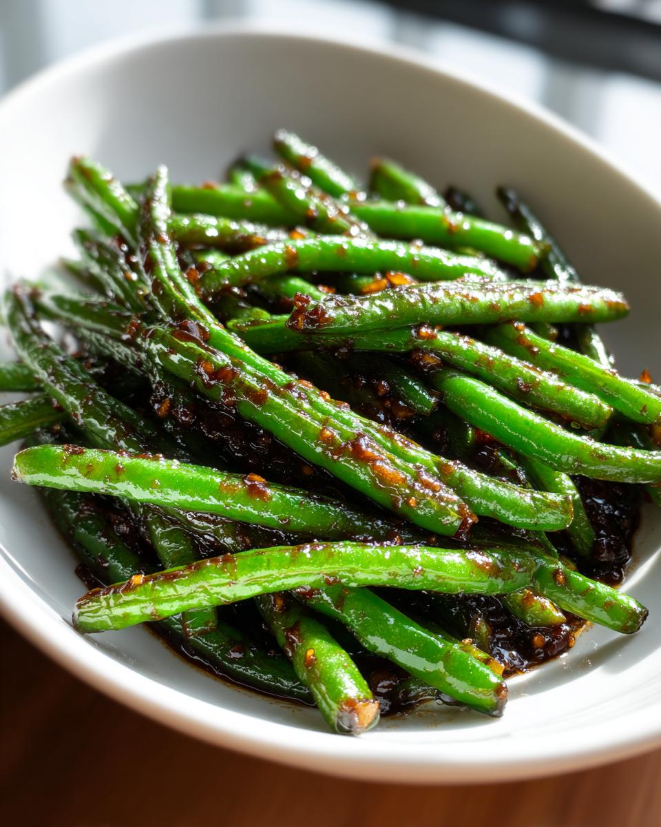 Close-up of vibrant, glossy chinese green beans with garlic sauce coating them richly.