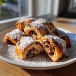 A plate of freshly baked chocolate Rugelach pastries generously dusted with powdered sugar.
