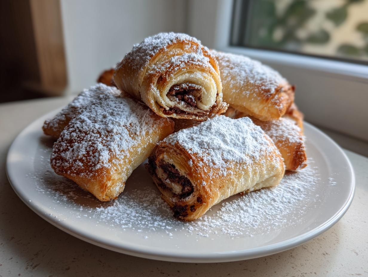 A stack of golden brown chocolate Rugelach pastries heavily dusted with powdered sugar on a white plate.