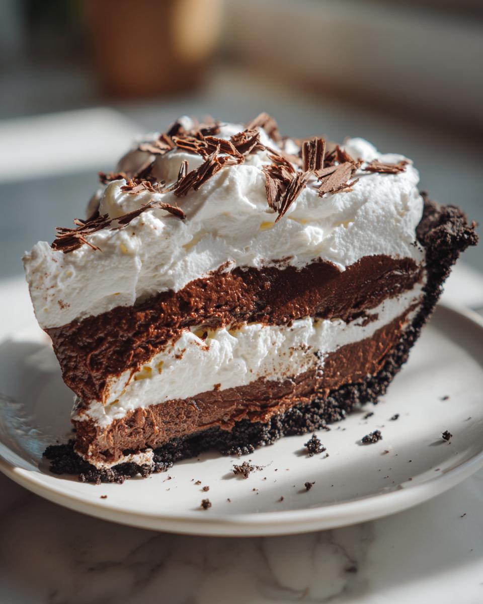 A decadent slice of Christmas chocolate cream pie showing layers of dark chocolate filling and white cream, topped with shaved chocolate.