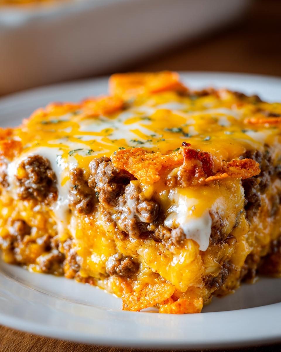A close-up serving of Dorito Casserole featuring layers of ground beef, melted cheese, and crunchy chips.