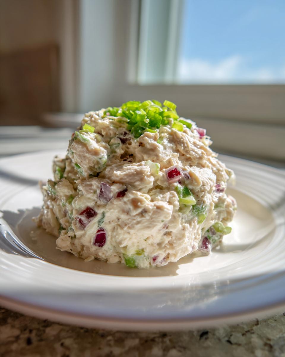 A mound of creamy cottage cheese chicken salad mixed with red onion and celery, topped with chives.