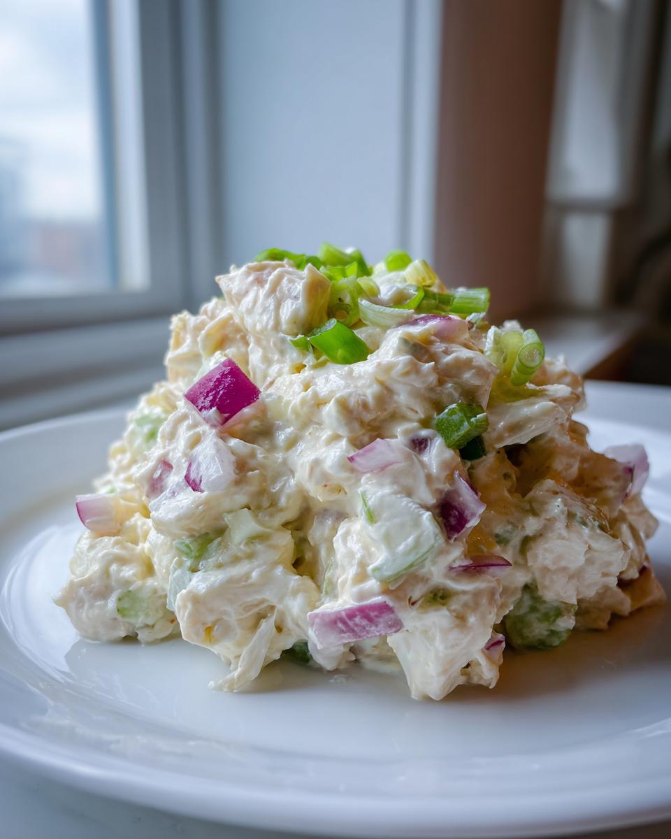 A close-up of a fresh mound of cottage cheese chicken salad mixed with red onion and celery, topped with green onions.