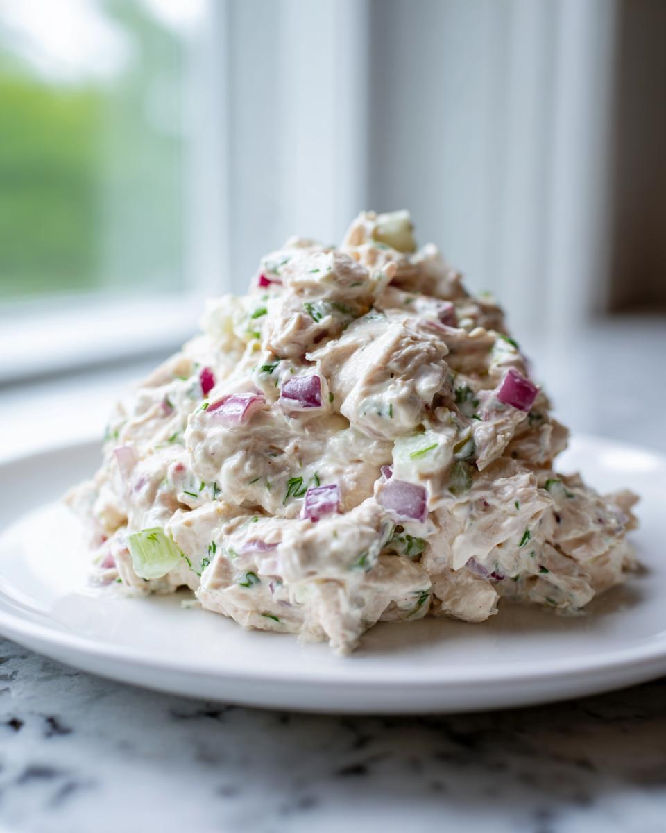 A mound of creamy cottage cheese chicken salad mixed with diced red onion and celery on a white plate.