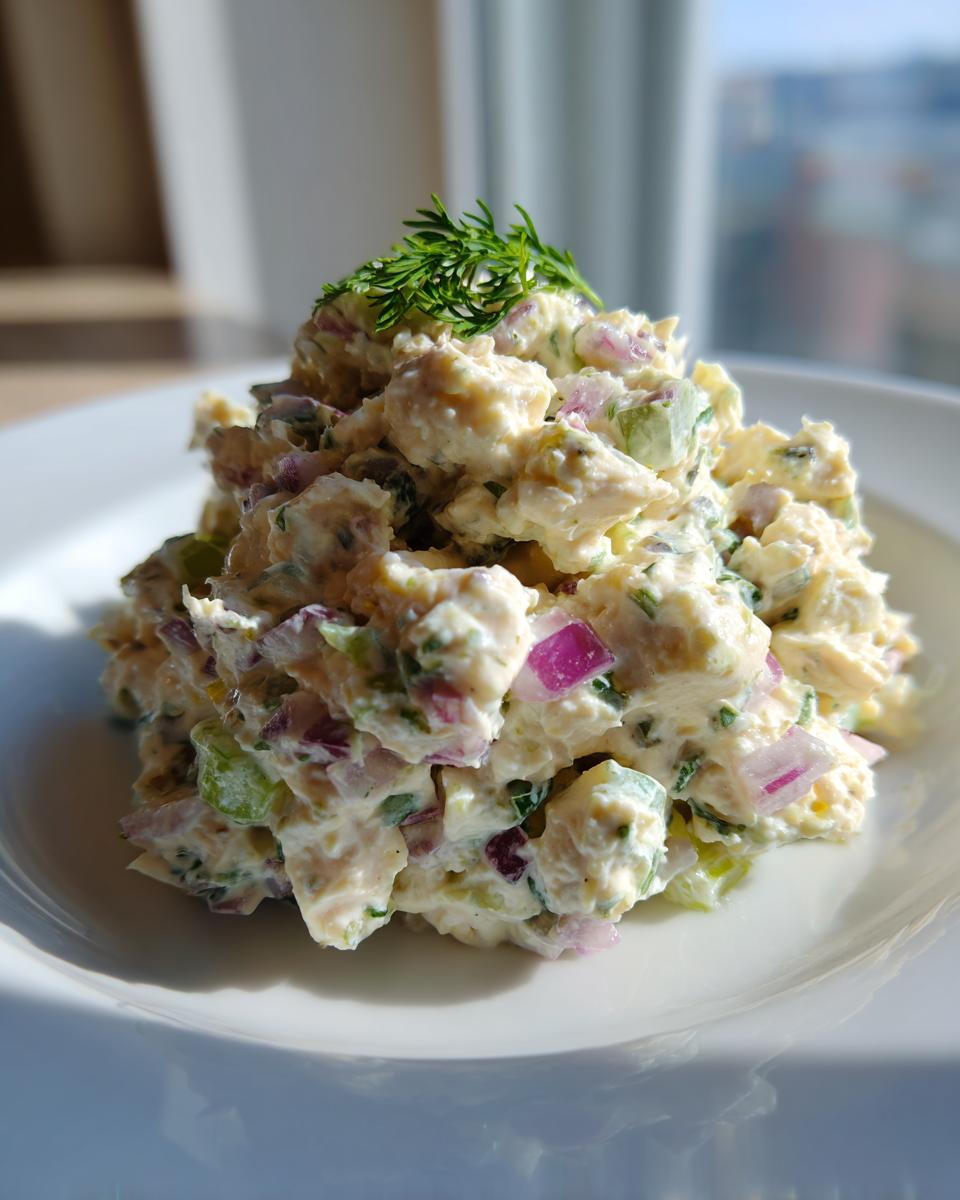 A mound of creamy cottage cheese chicken salad mixed with red onion and celery, garnished with fresh dill.