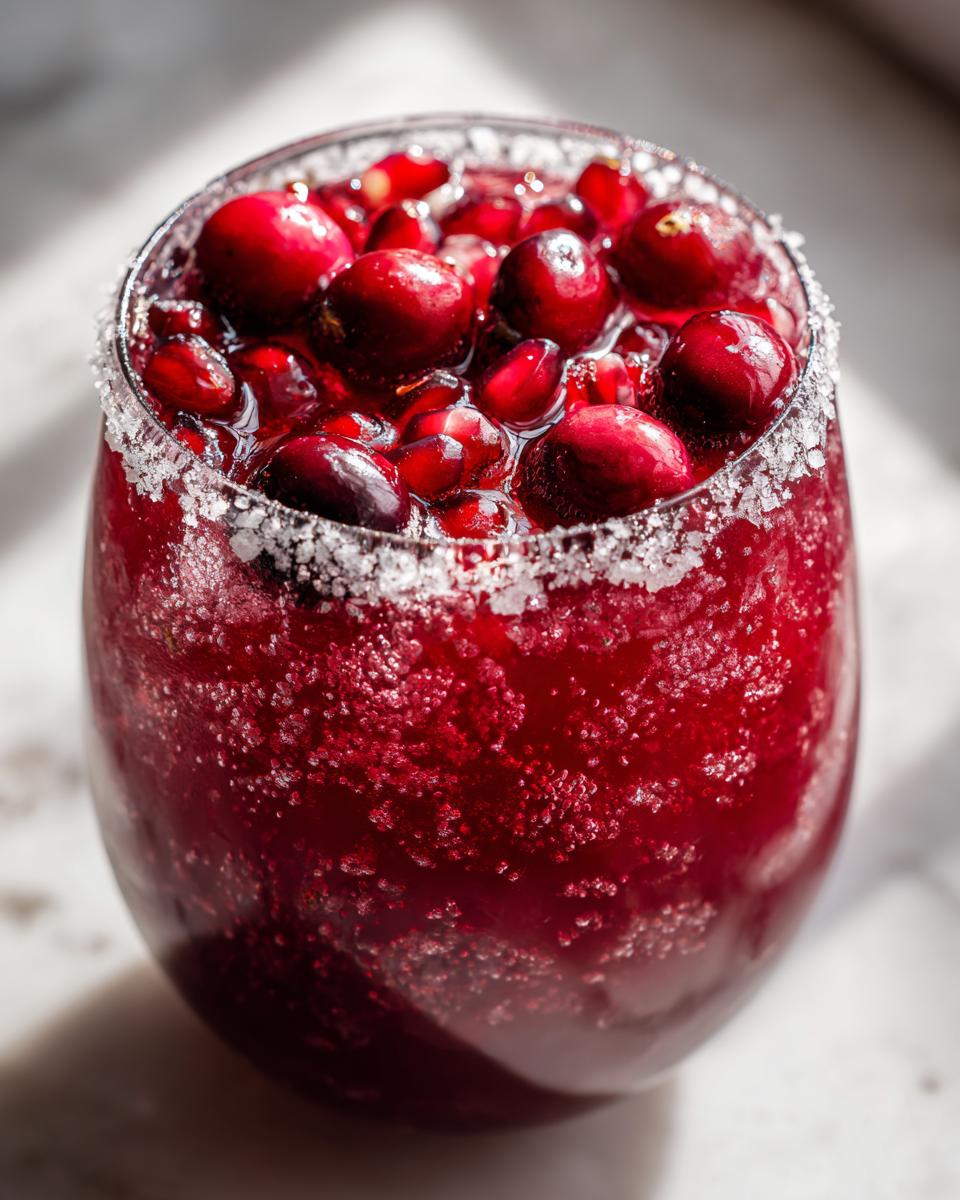 A close-up of a vibrant red cranberry pomegranate margarita, topped with fresh cranberries and pomegranate seeds, featuring a sugared rim.