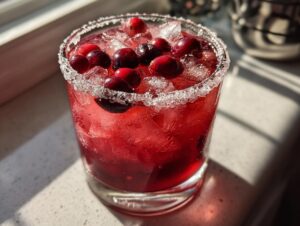 Close-up of a bright red cranberry pomegranate margarita in a rocks glass with a sugared rim and fresh cranberries.