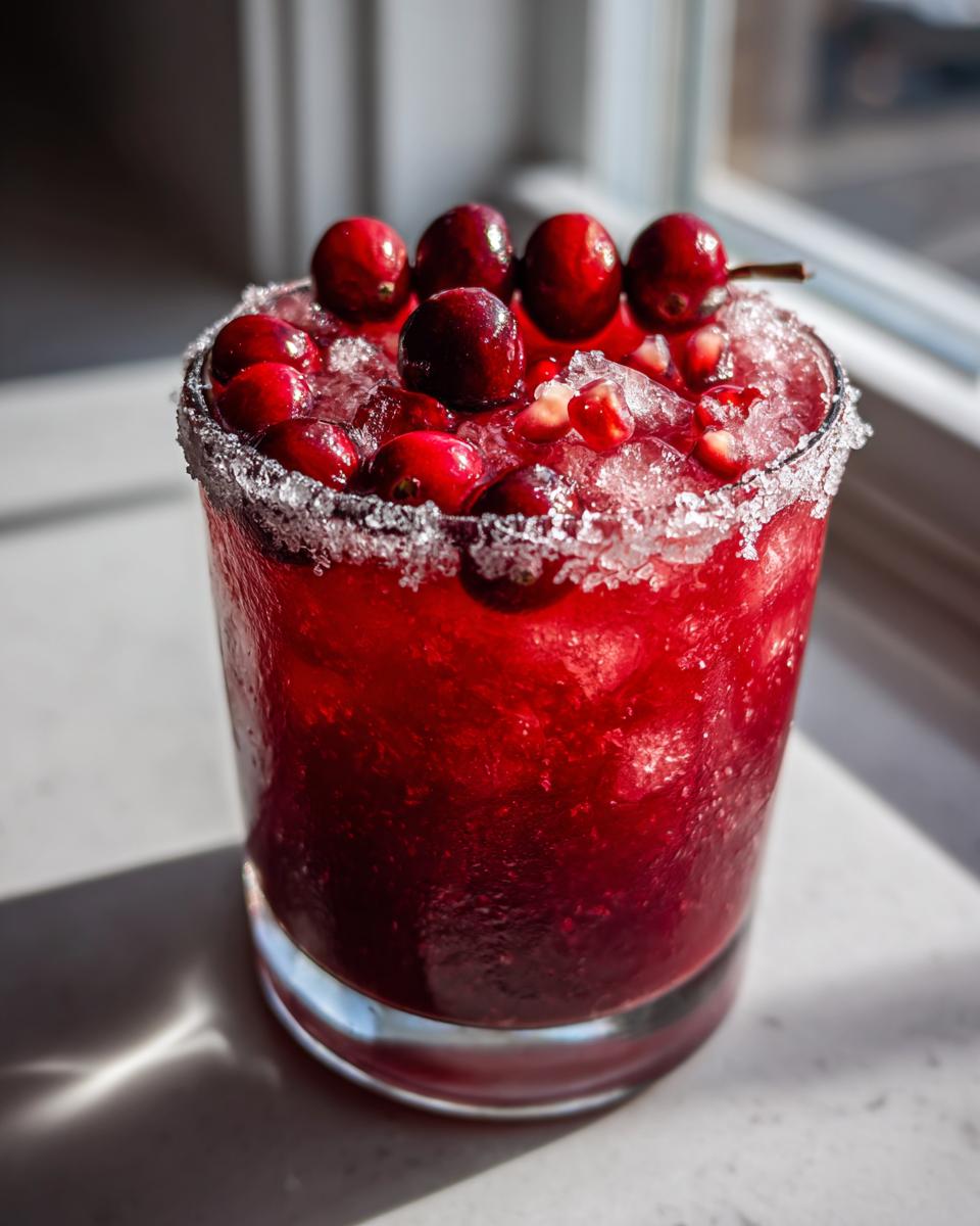 A vibrant red cranberry pomegranate margarita served over crushed ice with a sugared rim and topped with fresh cranberries.