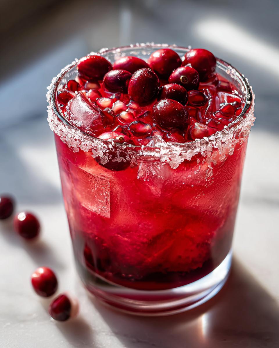 Close-up of a bright red cranberry pomegranate margarita, garnished with fresh cranberries and pomegranate seeds on a sugar rim.