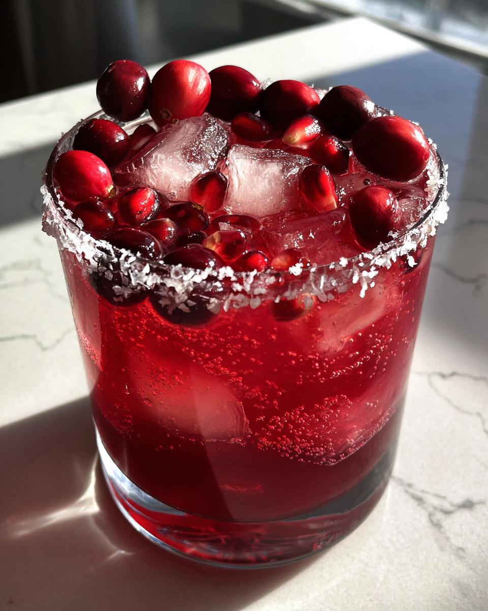 A vibrant red cranberry pomegranate margarita in a salt-rimmed glass, topped with ice, fresh cranberries, and pomegranate seeds.