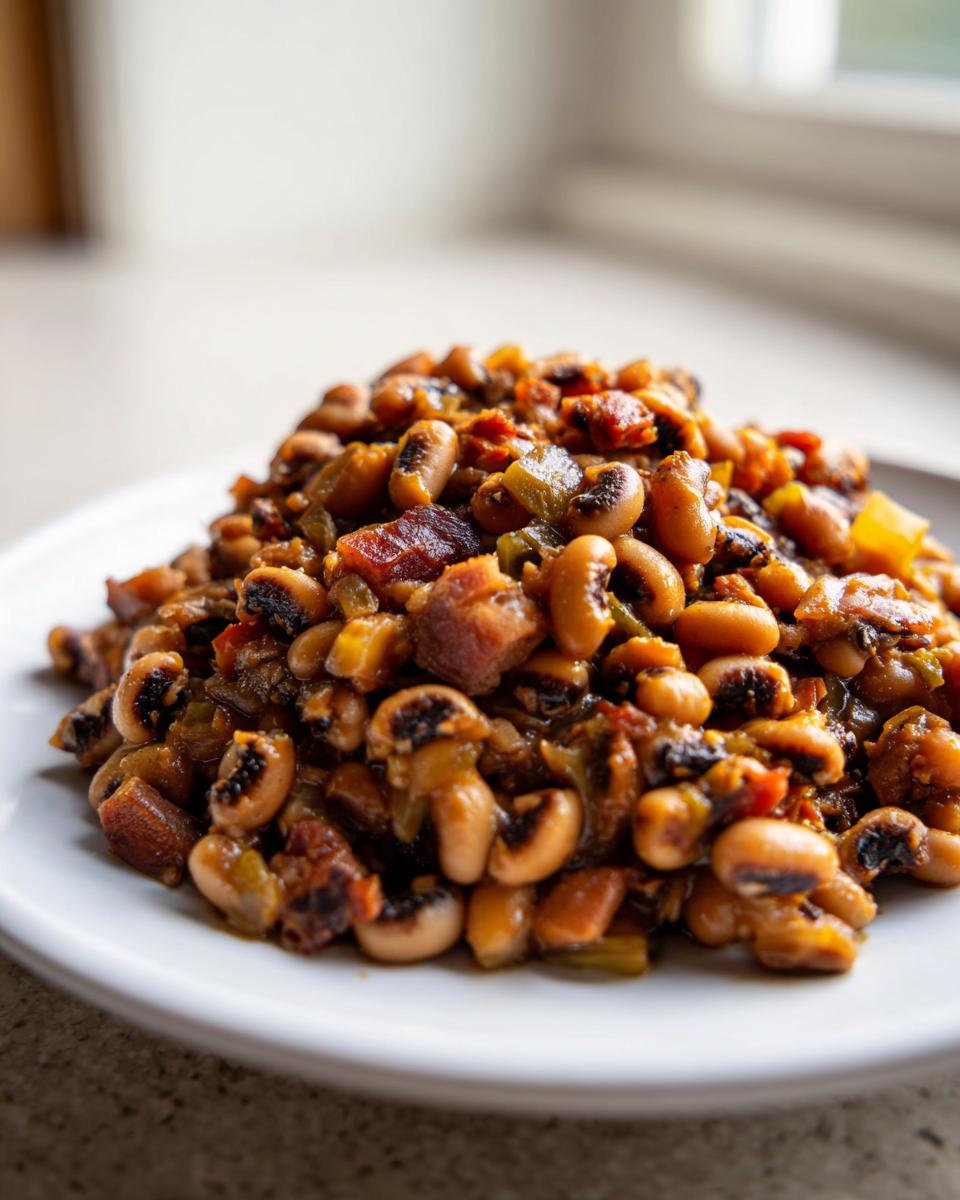 A close-up of a white plate piled high with creamy black eyed peas mixed with chunks of bacon and vegetables.