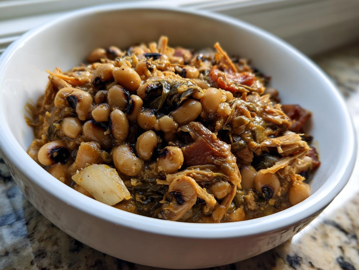 Close-up of creamy, slow-cooked black eyed peas mixed with greens and shredded meat in a white bowl.