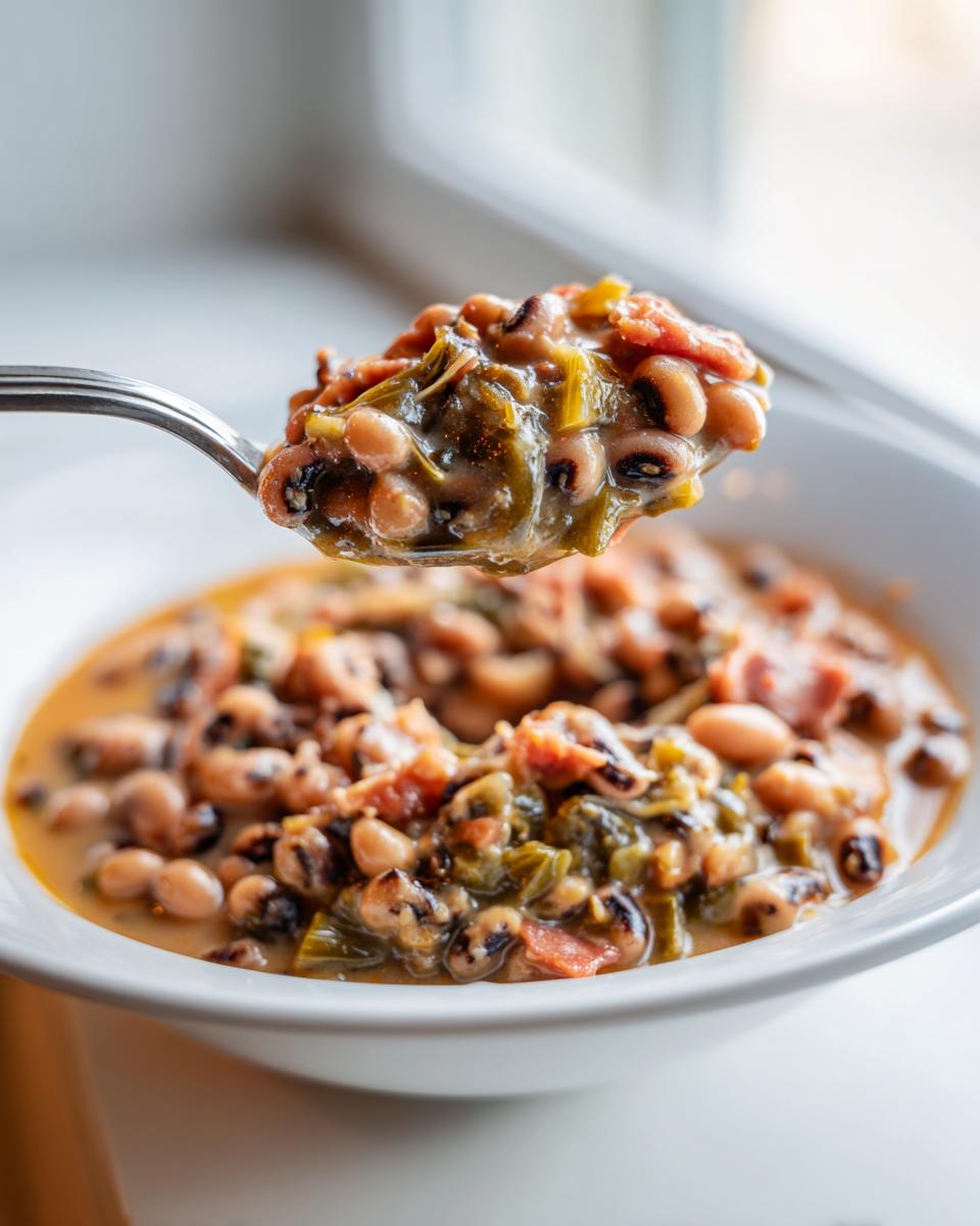 A spoonful of creamy black eyed peas mixed with greens and tomatoes being lifted from a white bowl.
