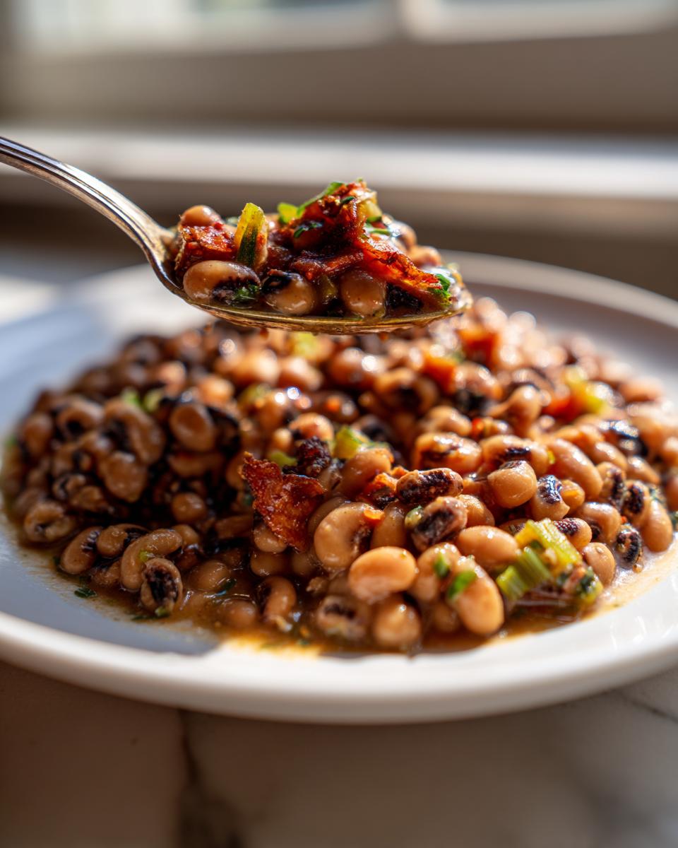 A spoonful of creamy black eyed peas topped with bacon and green onions is lifted above a white plate full of the dish.