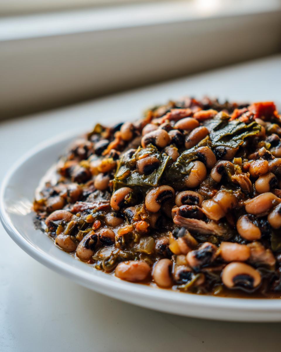 Close-up of creamy black eyed peas stewed with dark leafy greens served on a white plate.