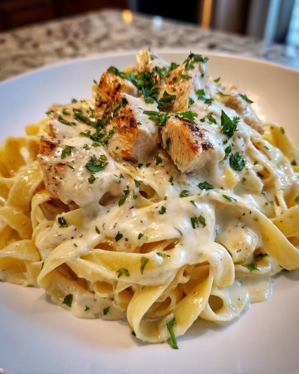 Close-up of fettuccine pasta covered in creamy sauce, topped with grilled chicken pieces and fresh parsley for chicken alfredo.