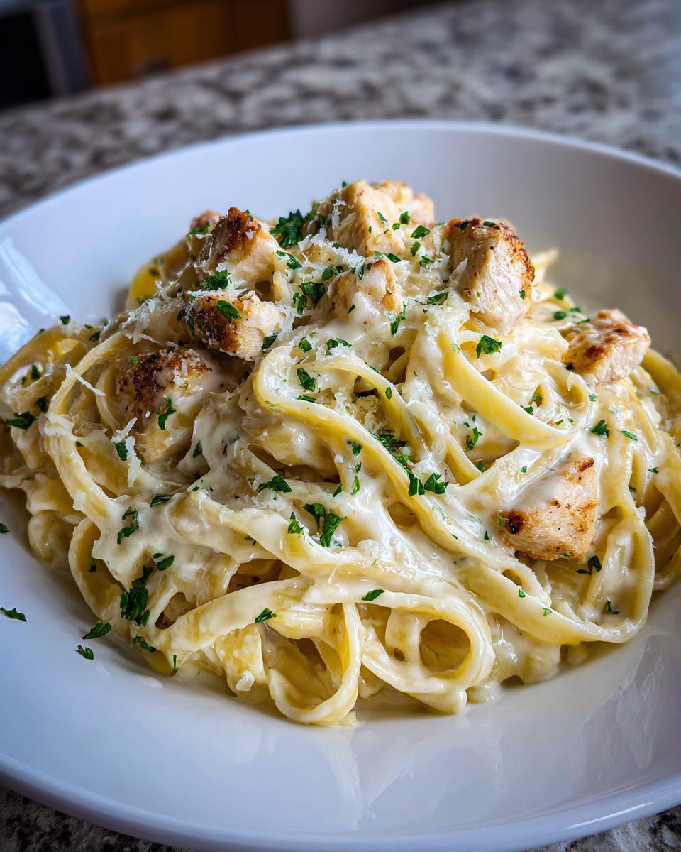 Close-up of creamy fettuccine chicken alfredo topped with parmesan cheese and parsley.