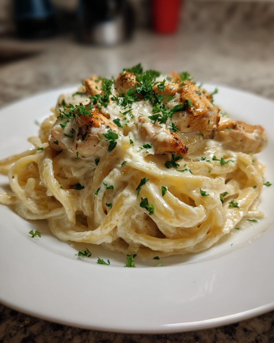 Close-up of creamy chicken alfredo pasta topped with grilled chicken pieces and fresh parsley.