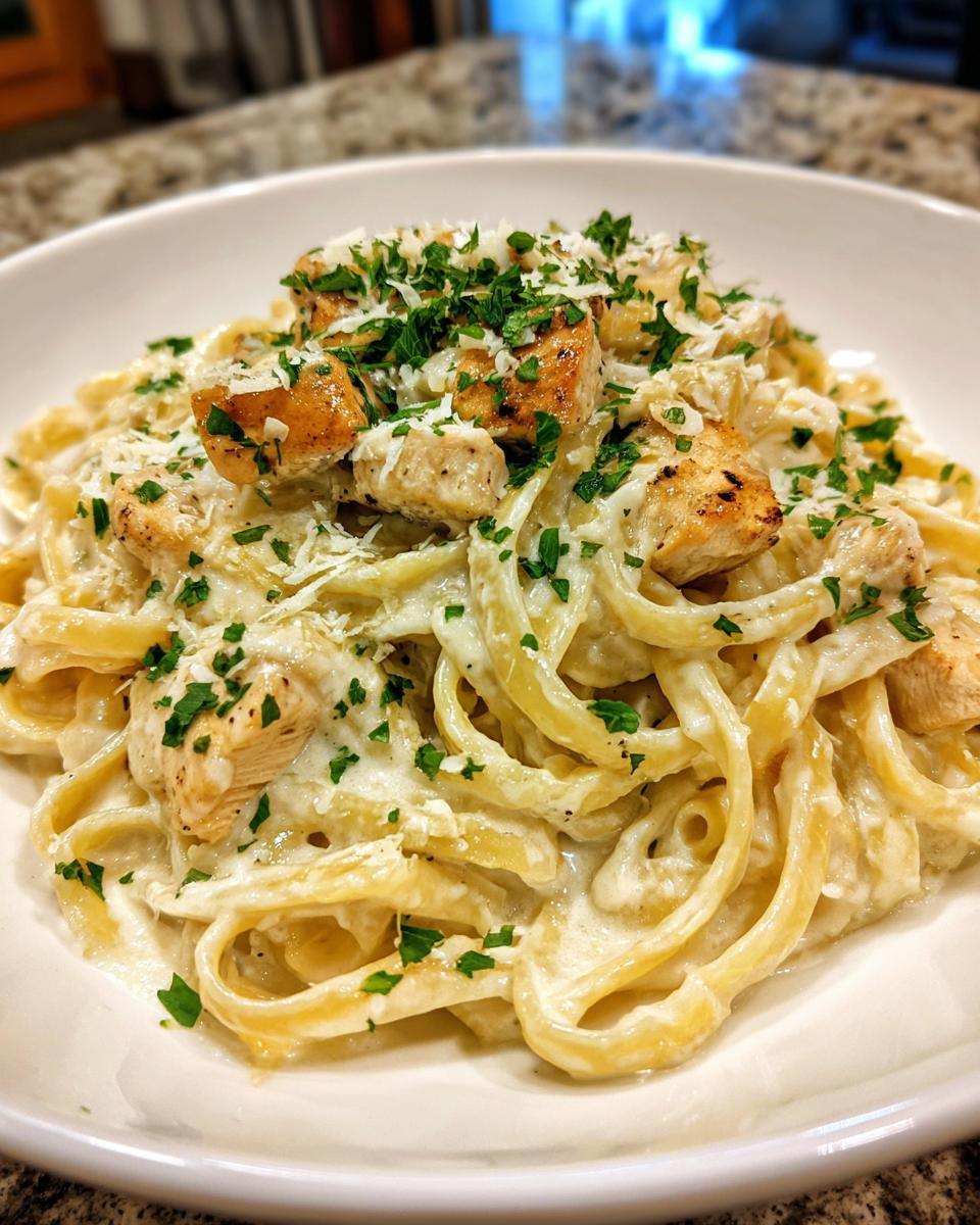 Close-up of fettuccine pasta coated in creamy sauce, topped with grilled chicken pieces for chicken alfredo.