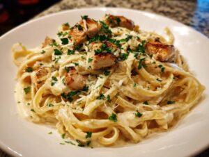 A close-up of creamy fettuccine pasta tossed in Alfredo sauce, topped with grilled chicken pieces and fresh parsley for the best chicken alfredo.
