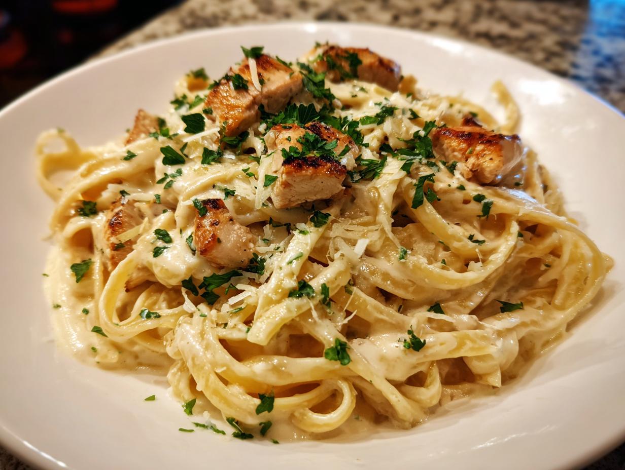 A close-up of creamy fettuccine pasta tossed in Alfredo sauce, topped with grilled chicken pieces and fresh parsley for the best chicken alfredo.
